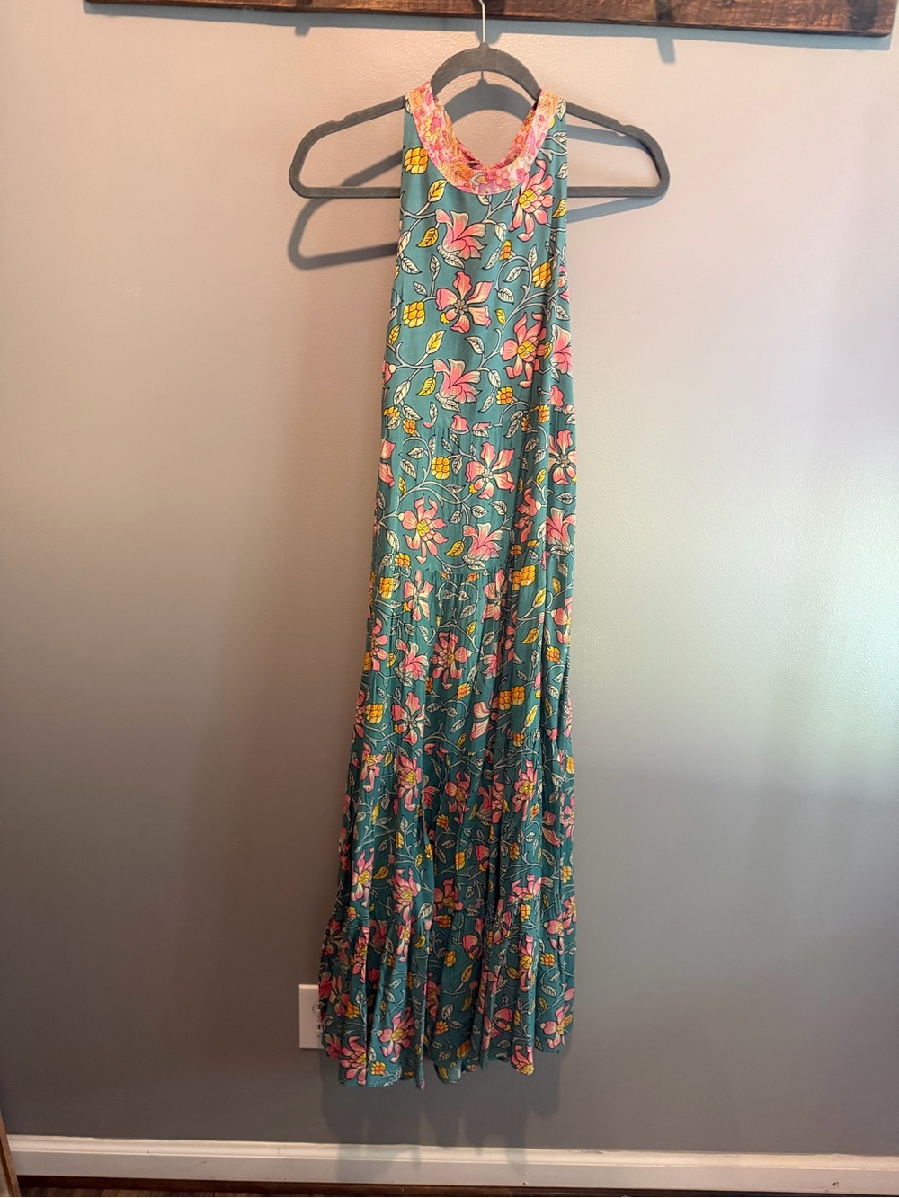NATURAL LIFE Teal Maxi Dress with Pink and Yellow Floral Print